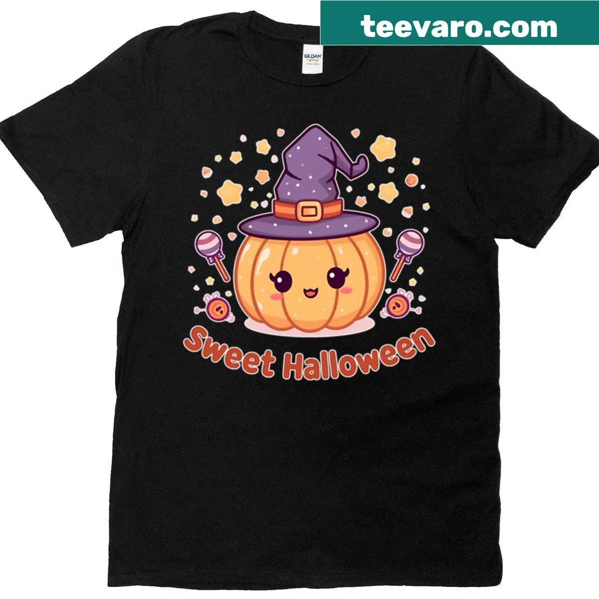 Cute Halloween T-shirt with kawaii pumpkin and candy illustration — on a men's t-shirt