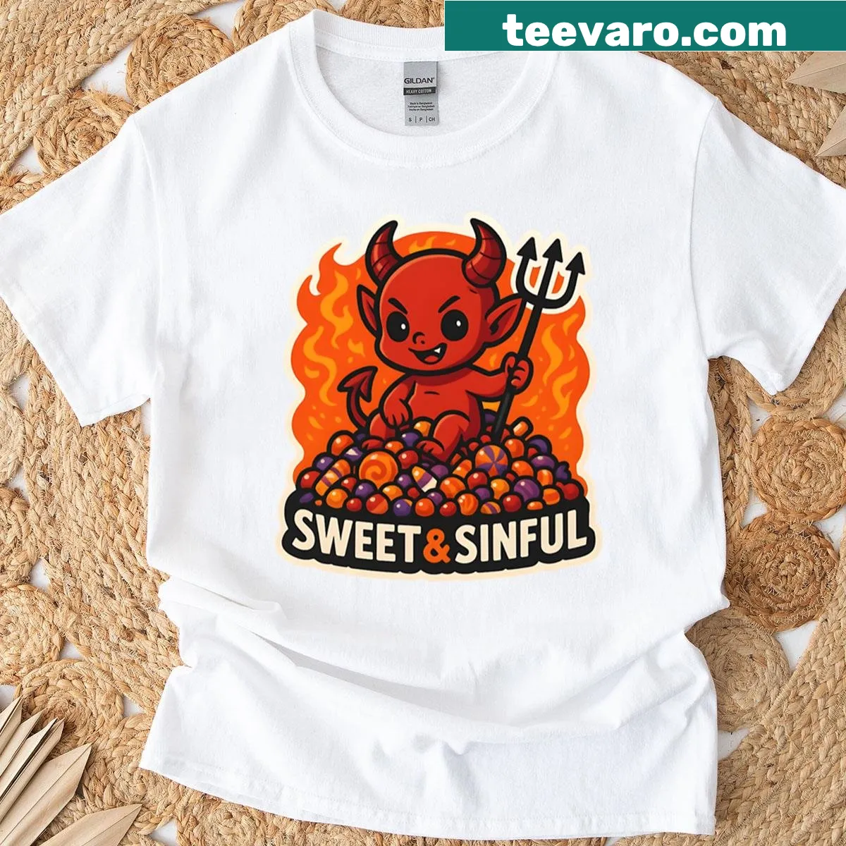 Cute t-shirt featuring a candy-themed devil design — on a men's t-shirt