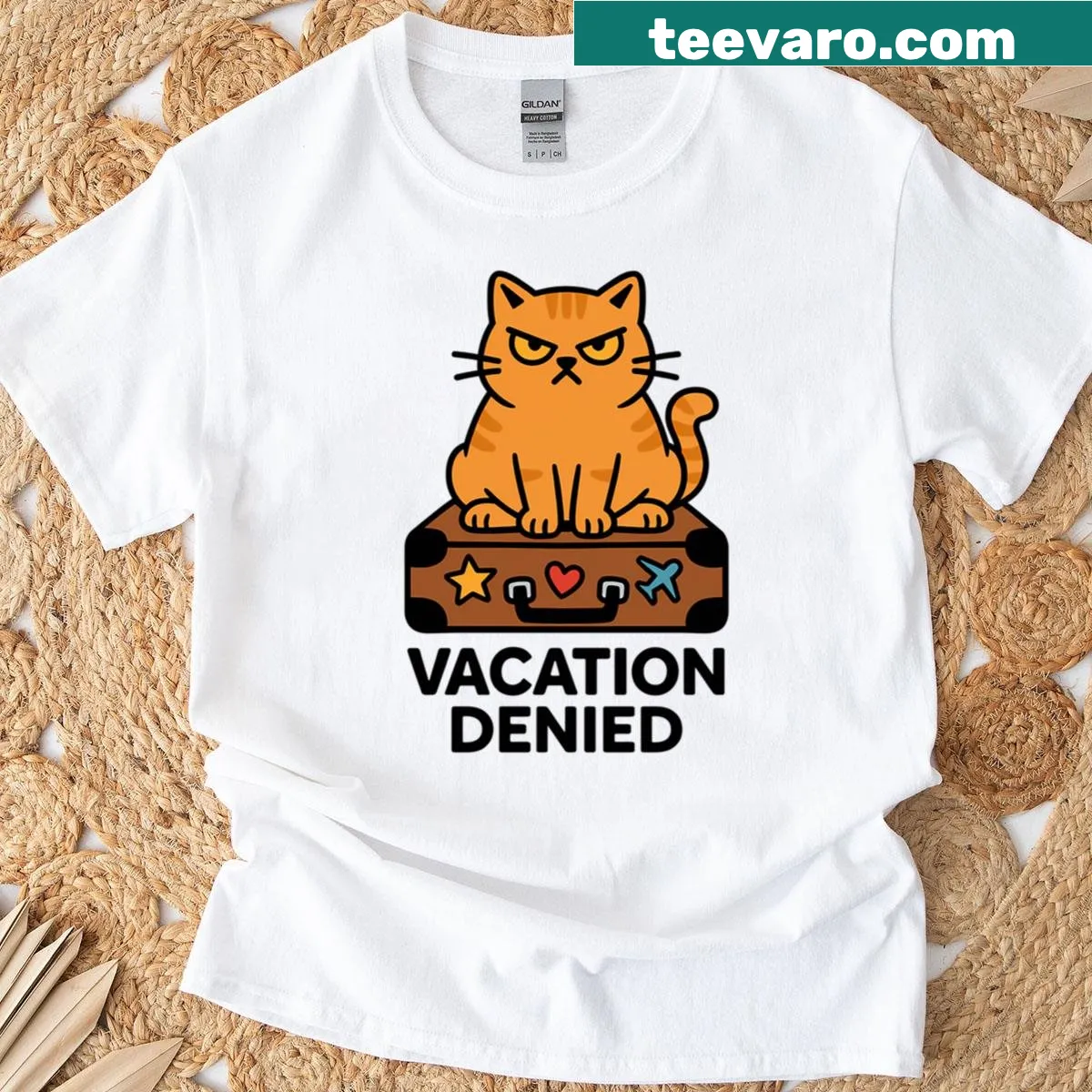 Funny travel t-shirt with a tabby cat in a suitcase — on a men's t-shirt