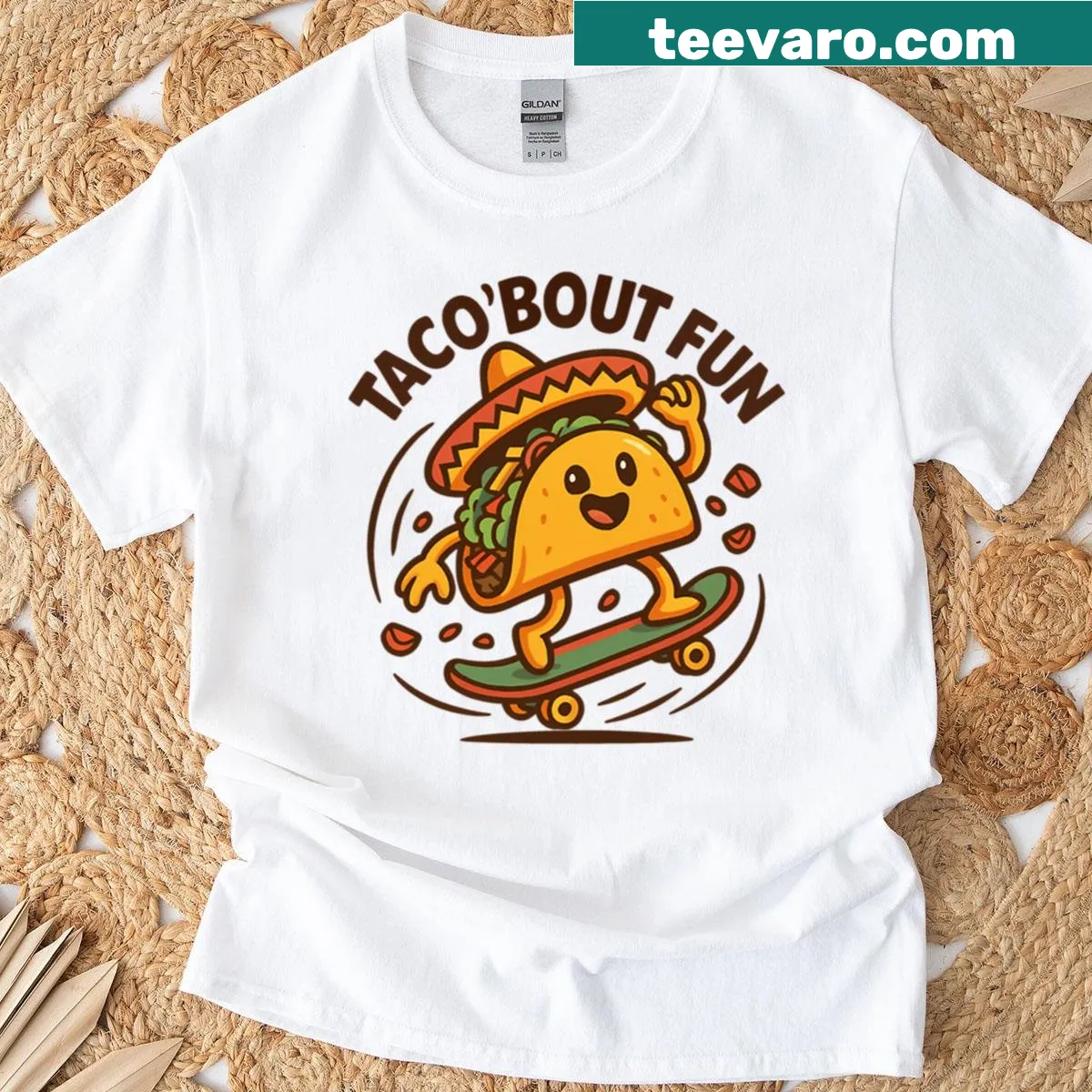 Playful T-shirt featuring tacos and skateboarding in cartoon style — on a men's t-shirt
