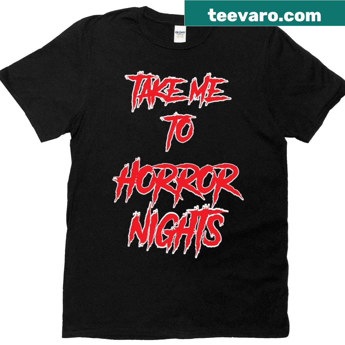 Graphic tee with 'Take Me To Horror Nights' text in spooky style — on a men's t-shirt
