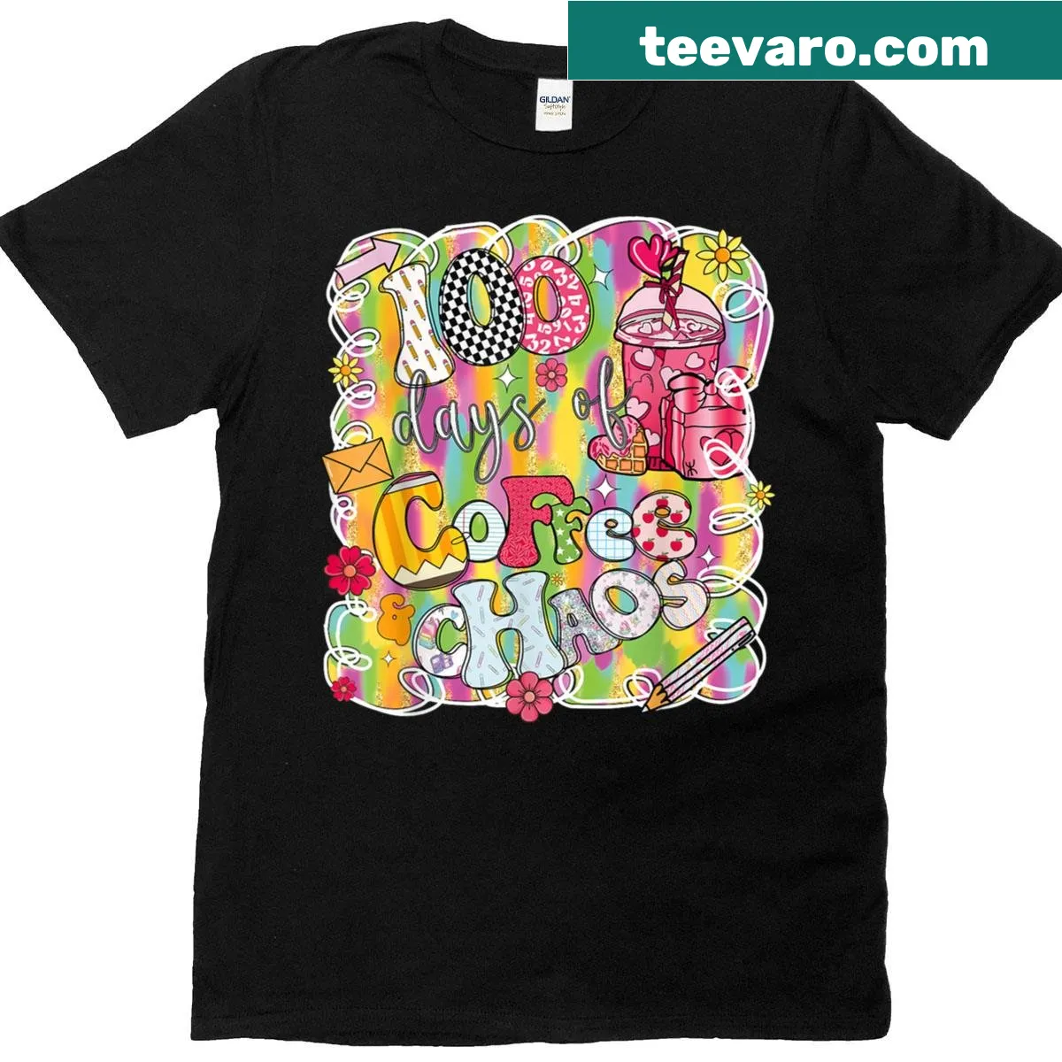 Funny teacher t-shirt with '100 Days of Coffee and Chaos' graphic — on a men's t-shirt