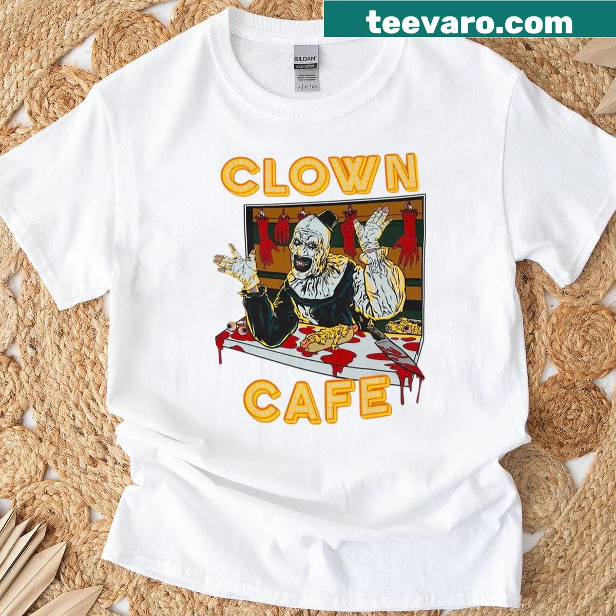 Bold Terrifier clown graphic on edgy t-shirt — on a men's t-shirt