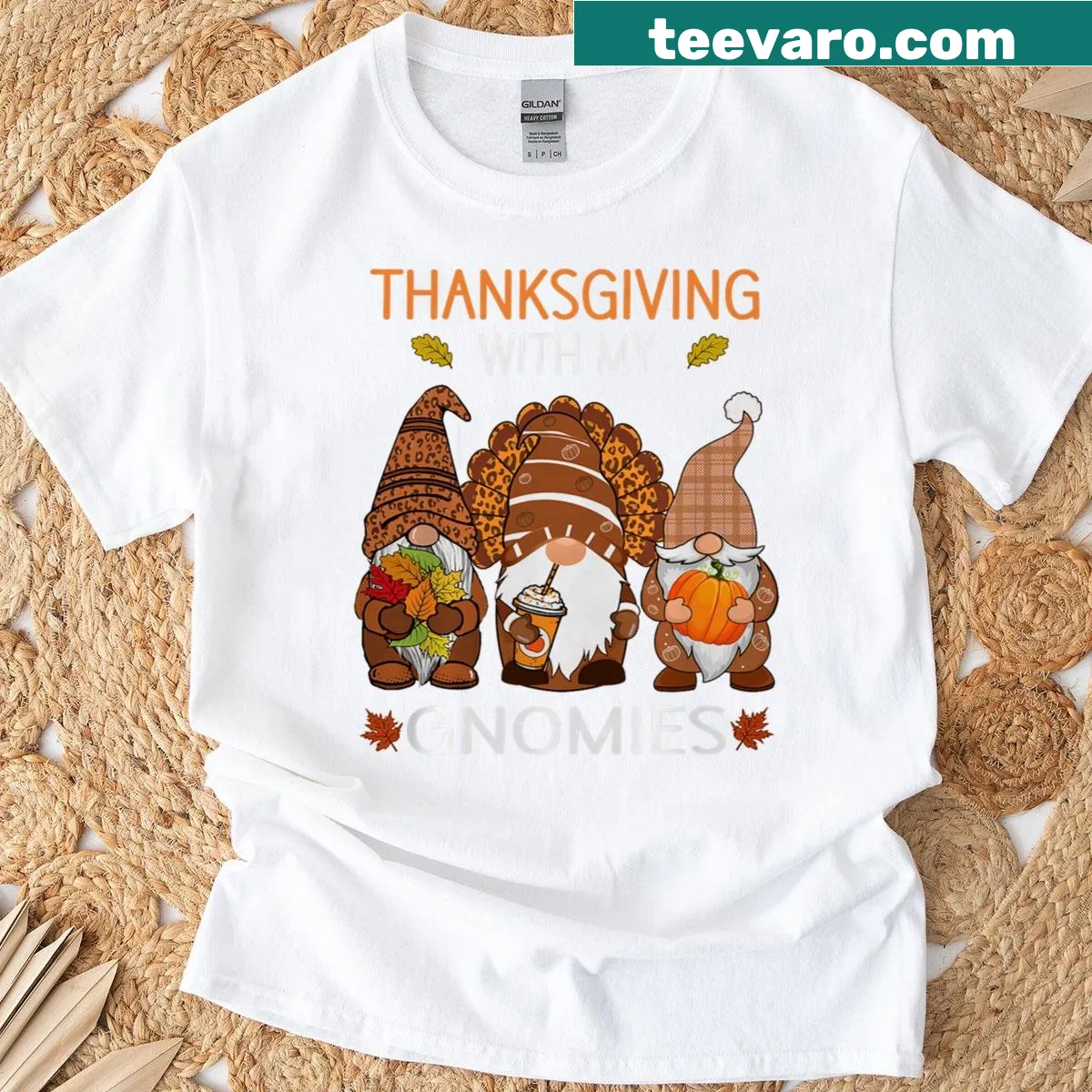 Cute gnome design with turkey and fall elements on T-shirt — on a men's t-shirt
