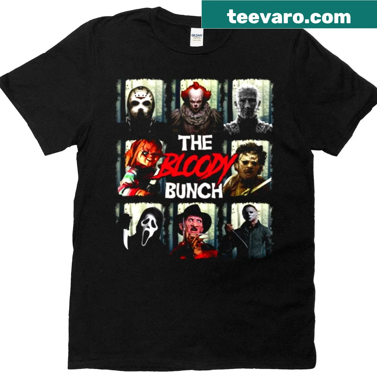 Illustrated T-shirt featuring horror movie themes for Halloween fans — on a men's t-shirt