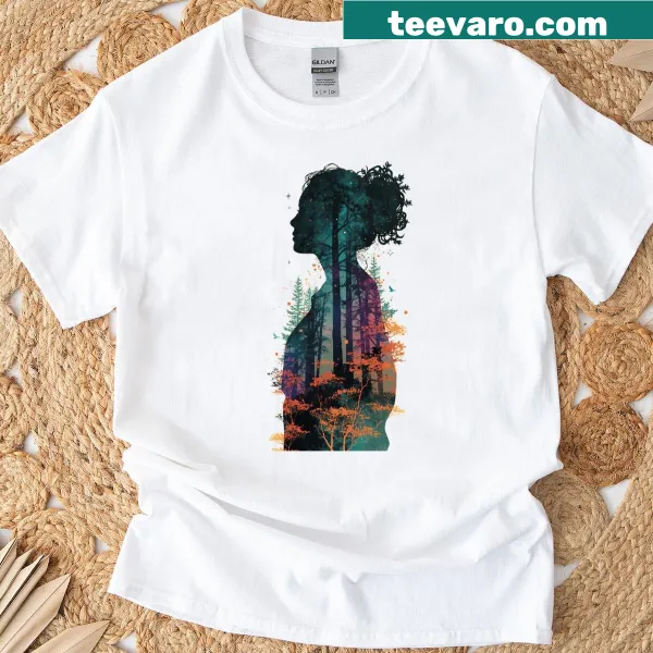 Illustrated trees design on a nature-themed t-shirt