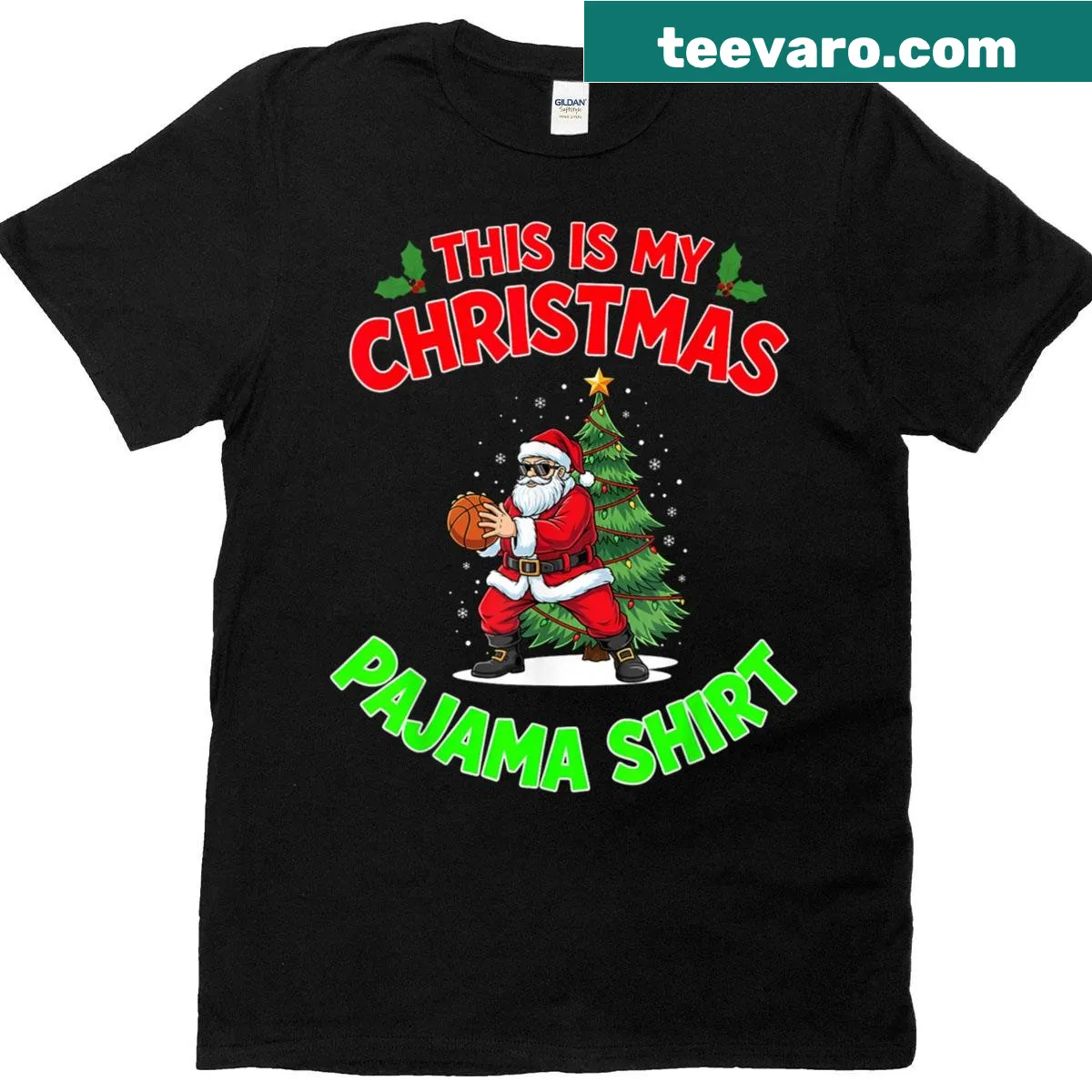 Santa Claus playing basketball graphic t-shirt for Christmas — on a men's t-shirt
