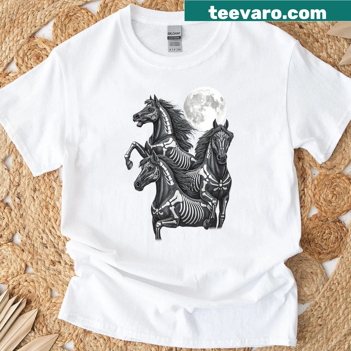 Illustrated skeleton horses celebrating Día de los Muertos — on a men's t-shirt