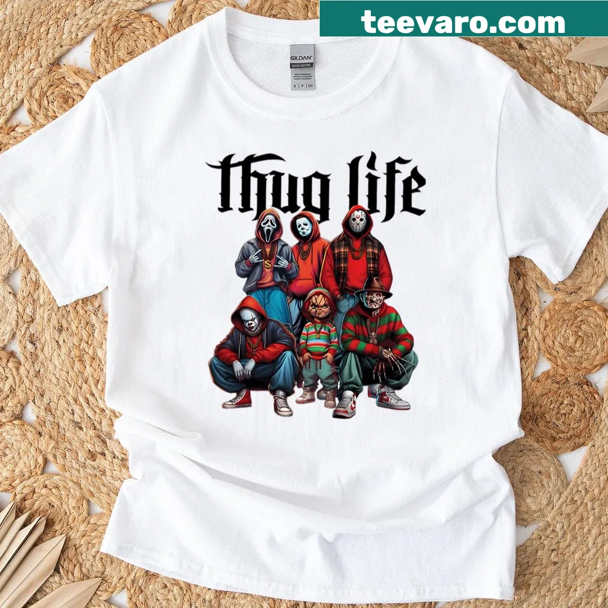 Horror movie-themed t-shirt with 'Thug Life' and spooky graphics — on a men's t-shirt