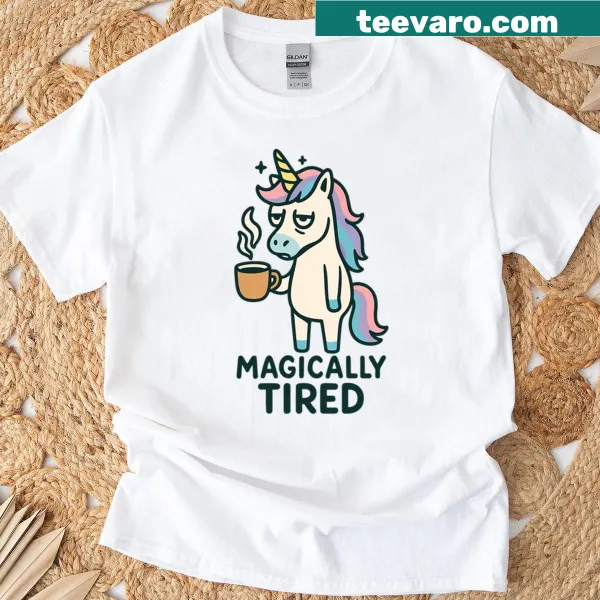 Whimsical tired unicorn with coffee graphic on a funny tee