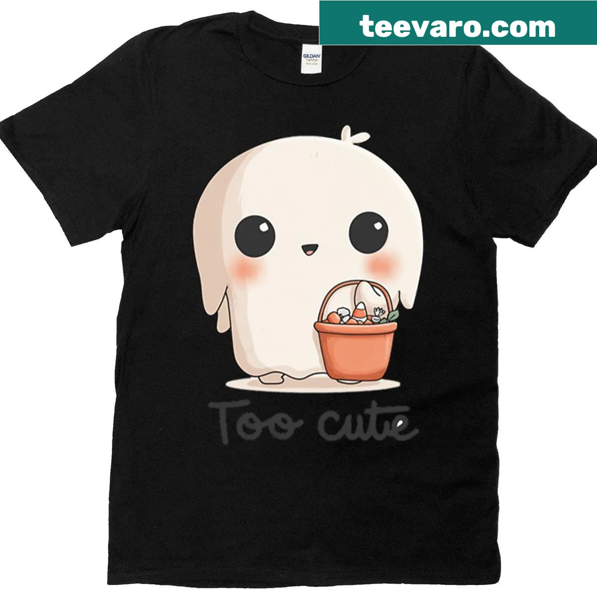 Kawaii-style Halloween t-shirt with ghosts and pumpkins — on a men's t-shirt