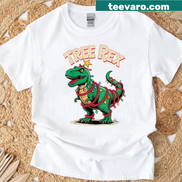 Fun Christmas dinosaur design featuring T-rex in lights costume