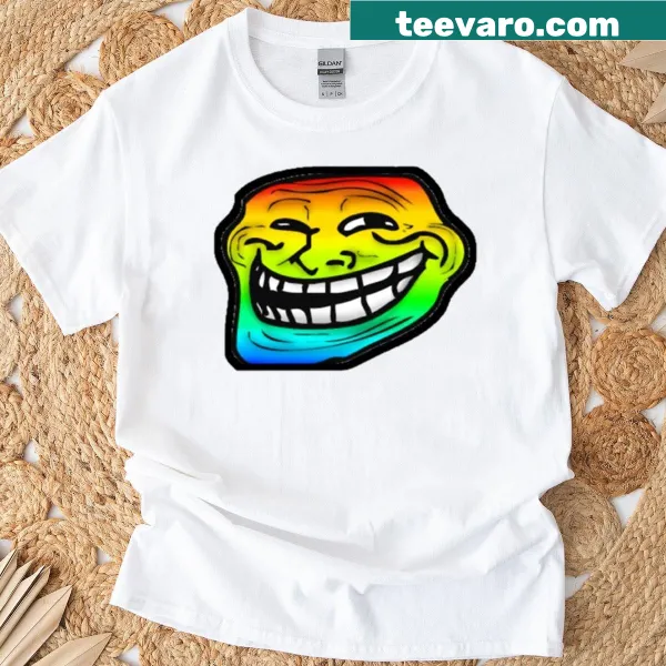 T-shirt featuring a surreal troll face graphic with digital chaos theme