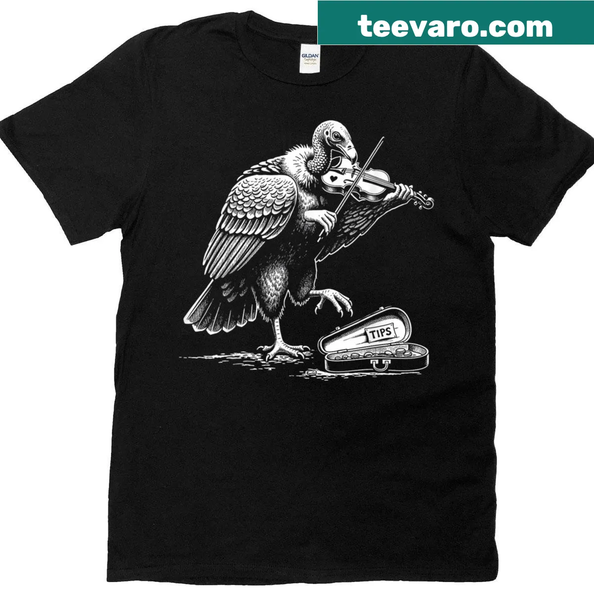 Whimsical T-shirt featuring turkey vulture playing the violin — on a men's t-shirt