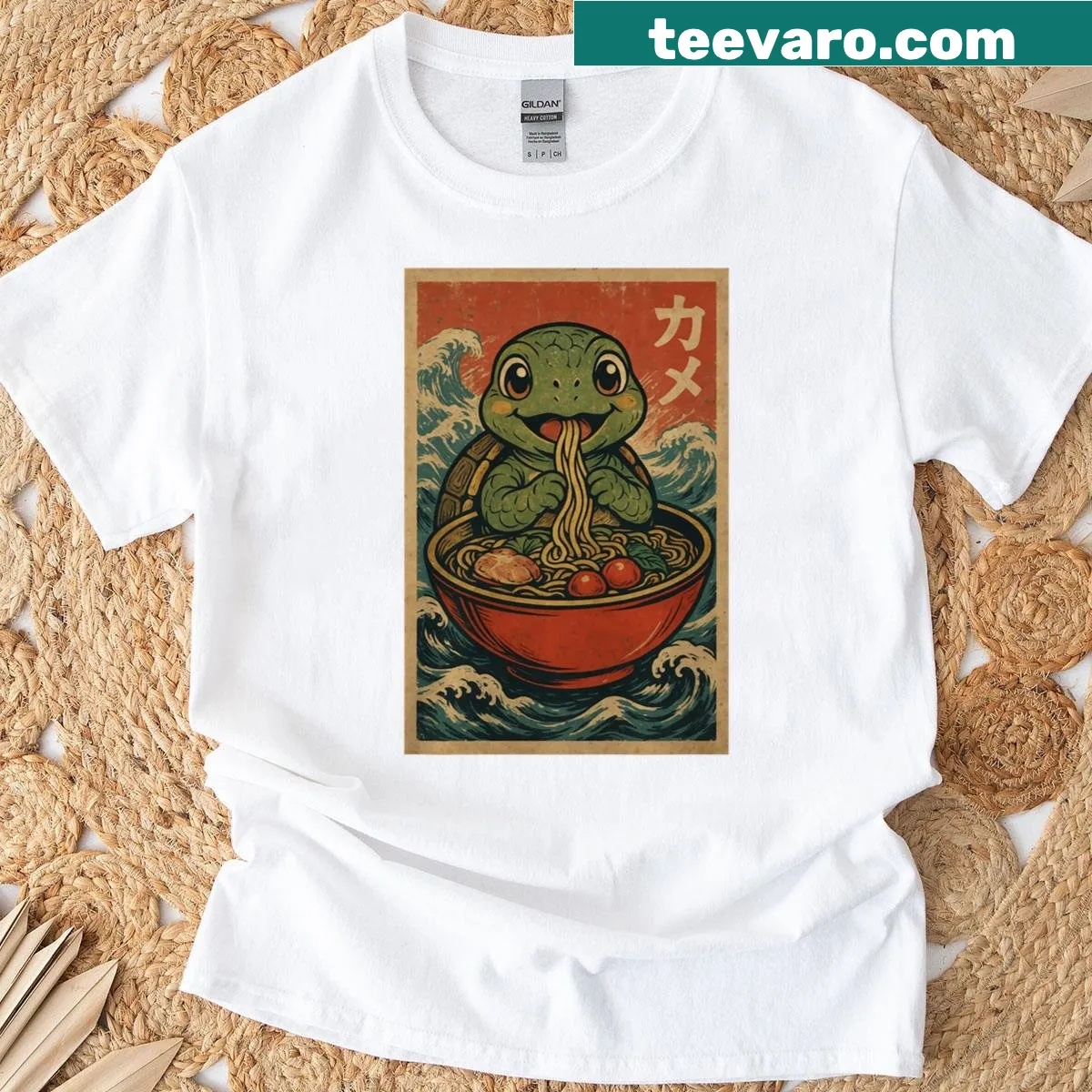 Kawaii t-shirt featuring a turtle enjoying a bowl of ramen — on a men's t-shirt