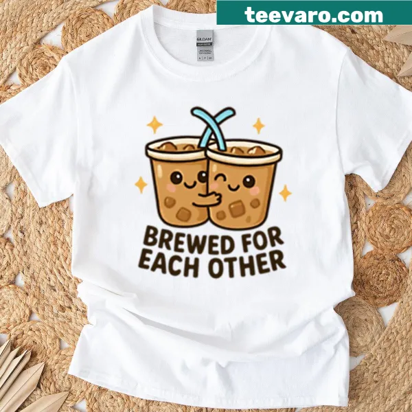 Illustration of two iced coffee cups hugging on a t-shirt