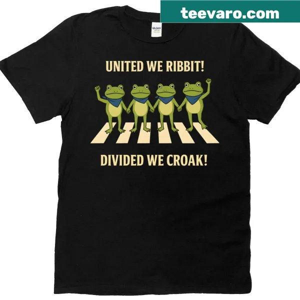 Funny t-shirt with the phrase 'United We Ribbit Divided We Croak' and frog graphics