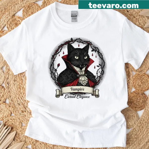 Cartoon vampire cat in red and black cape graphic t-shirt