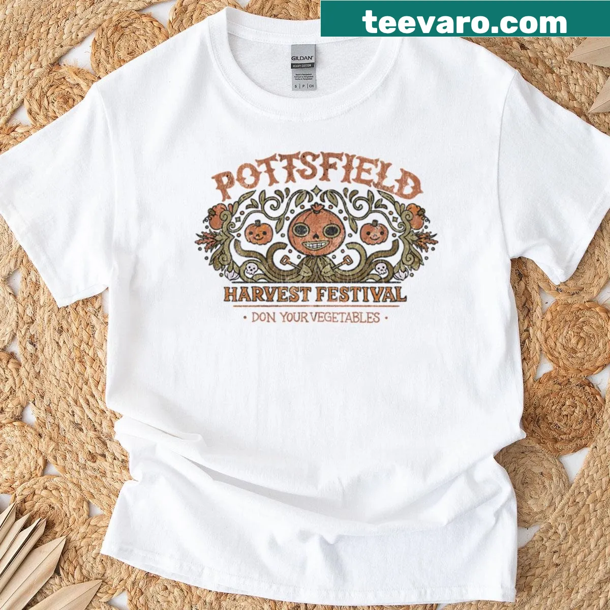 Funny vegetable-themed horror graphic t-shirt — on a men's t-shirt