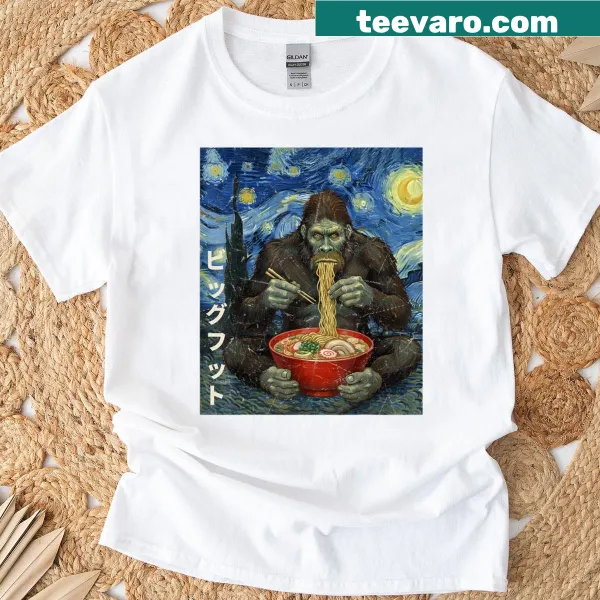 Bigfoot graphic enjoying ramen on a vintage t-shirt