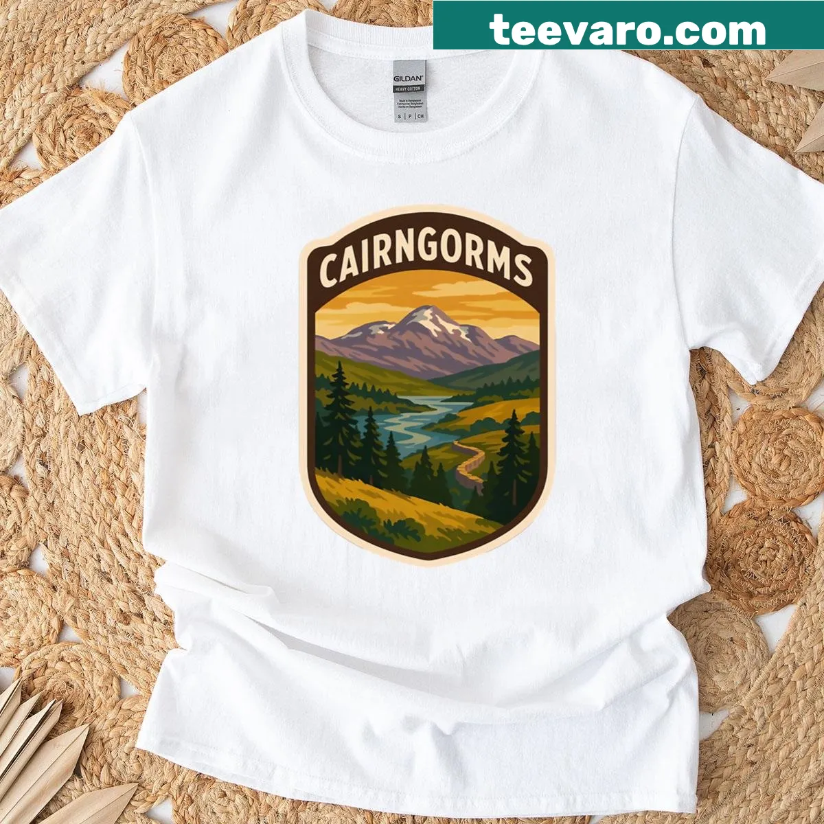 Vintage print tee featuring Cairngorms National Park design — on a men's t-shirt