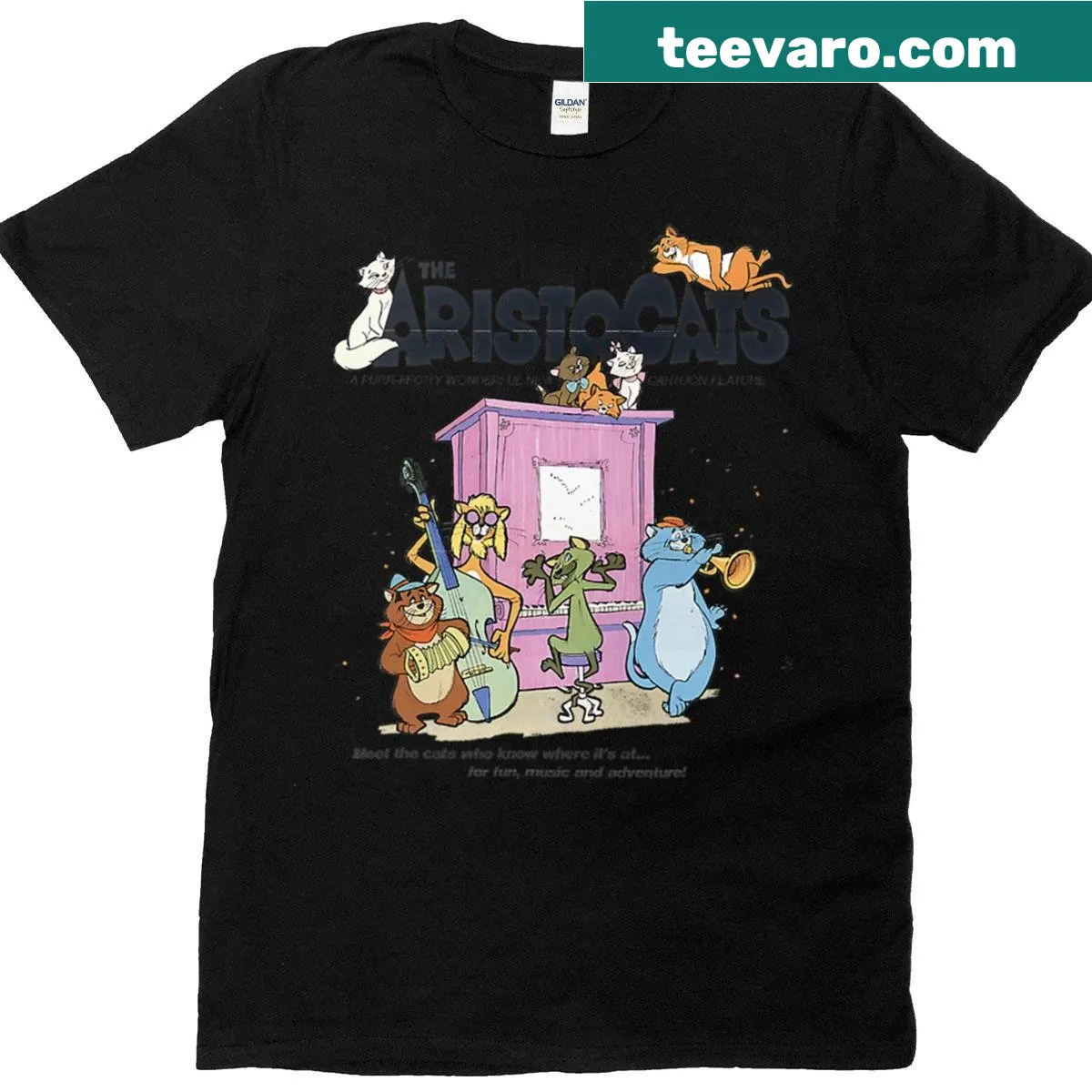 90s retro T-shirt with a funny cartoon cat design — on a men's t-shirt