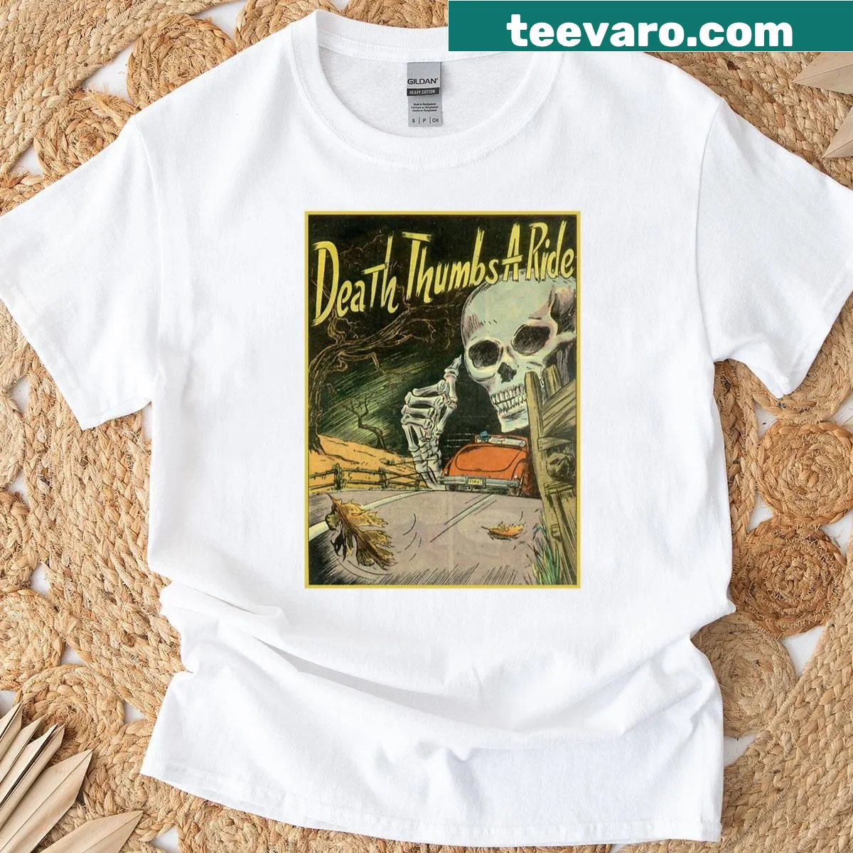 Oversized Halloween t-shirt featuring a vintage thumbs-up graphic — on a men's t-shirt