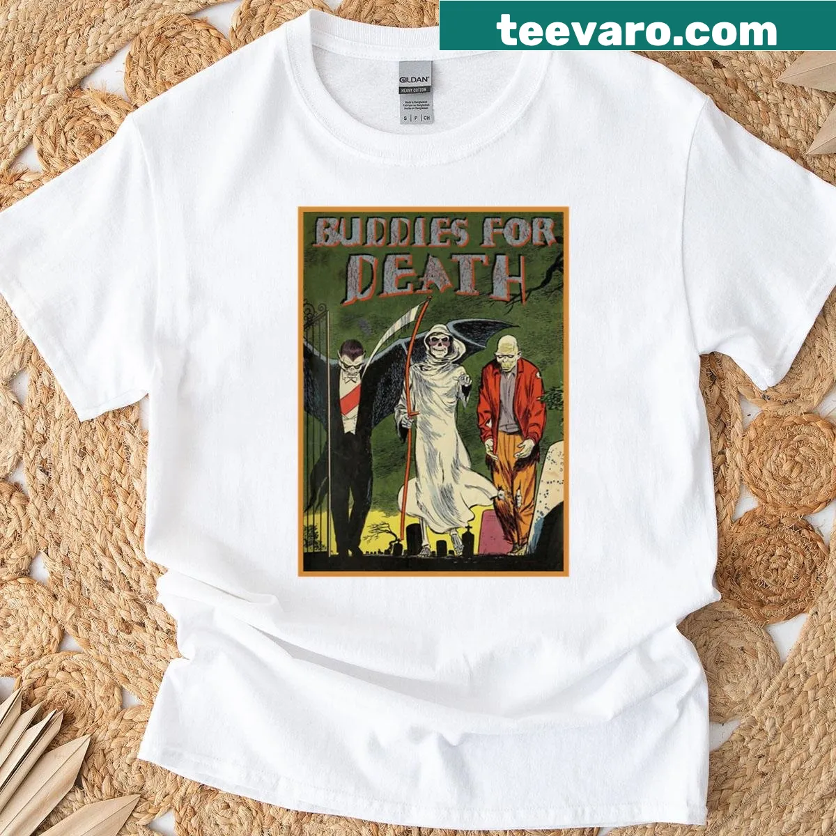 Oversized vintage horror shirt with Dracula, bats, and zombies design. — on a men's t-shirt