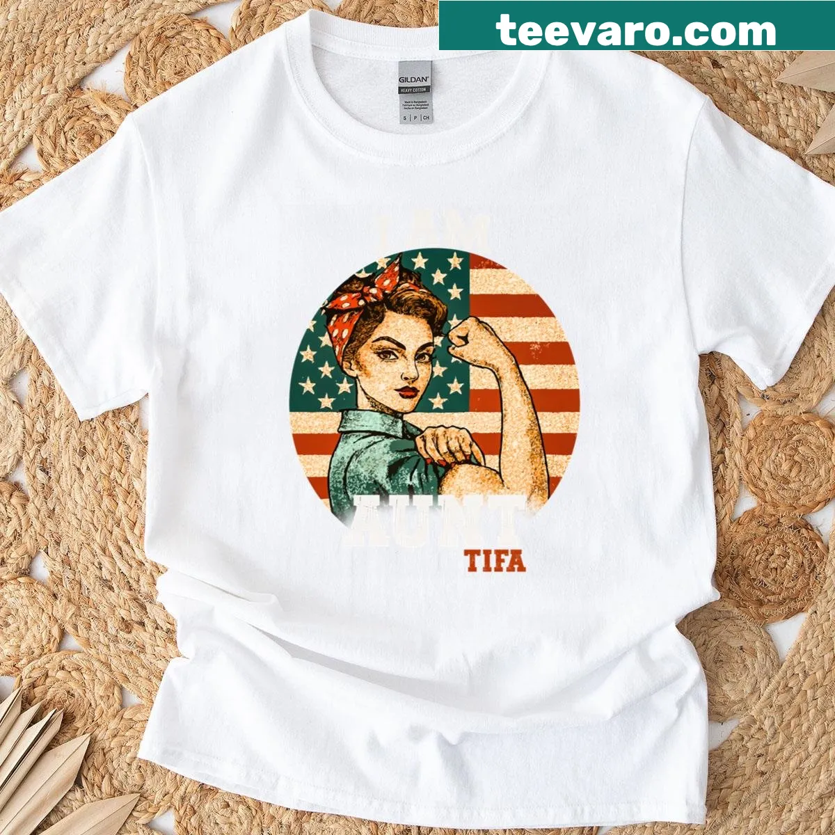 Hand-lettered t-shirt design celebrating aunts and American pride — on a men's t-shirt