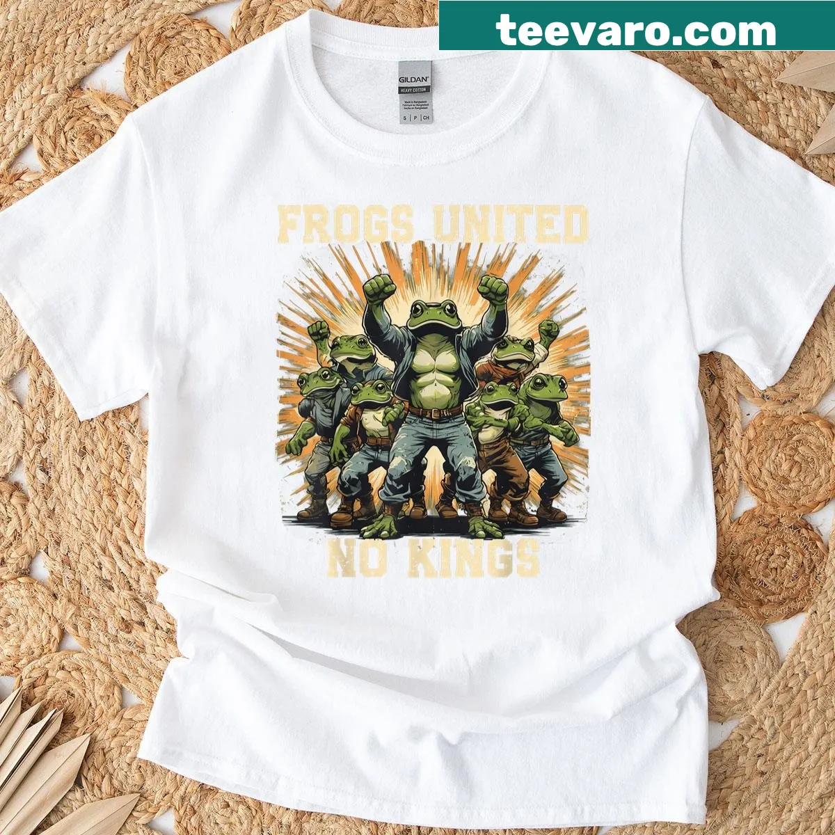 A vintage-style t-shirt with the phrase 'No Kings Frogs United'. — on a men's t-shirt