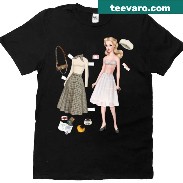 Vintage paper doll graphic on retro aesthetic t-shirt