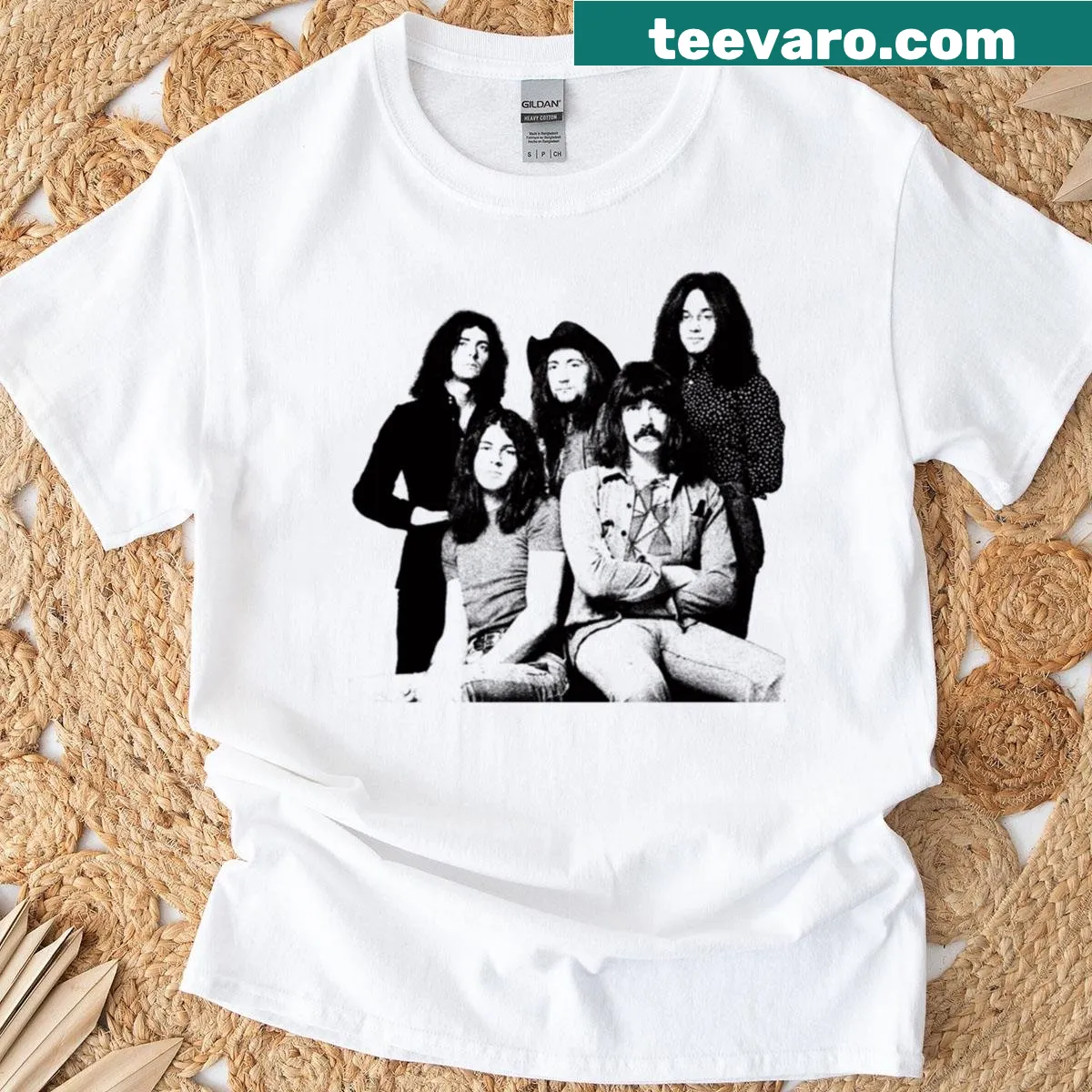 Vintage rock band album graphic t-shirt featuring iconic lyrics — on a men's t-shirt