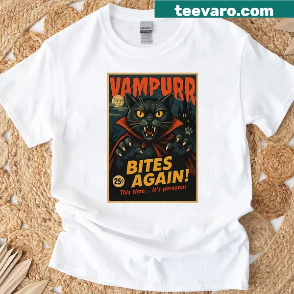 Halloween cat t-shirt with 'Vampurr Bites Again' design