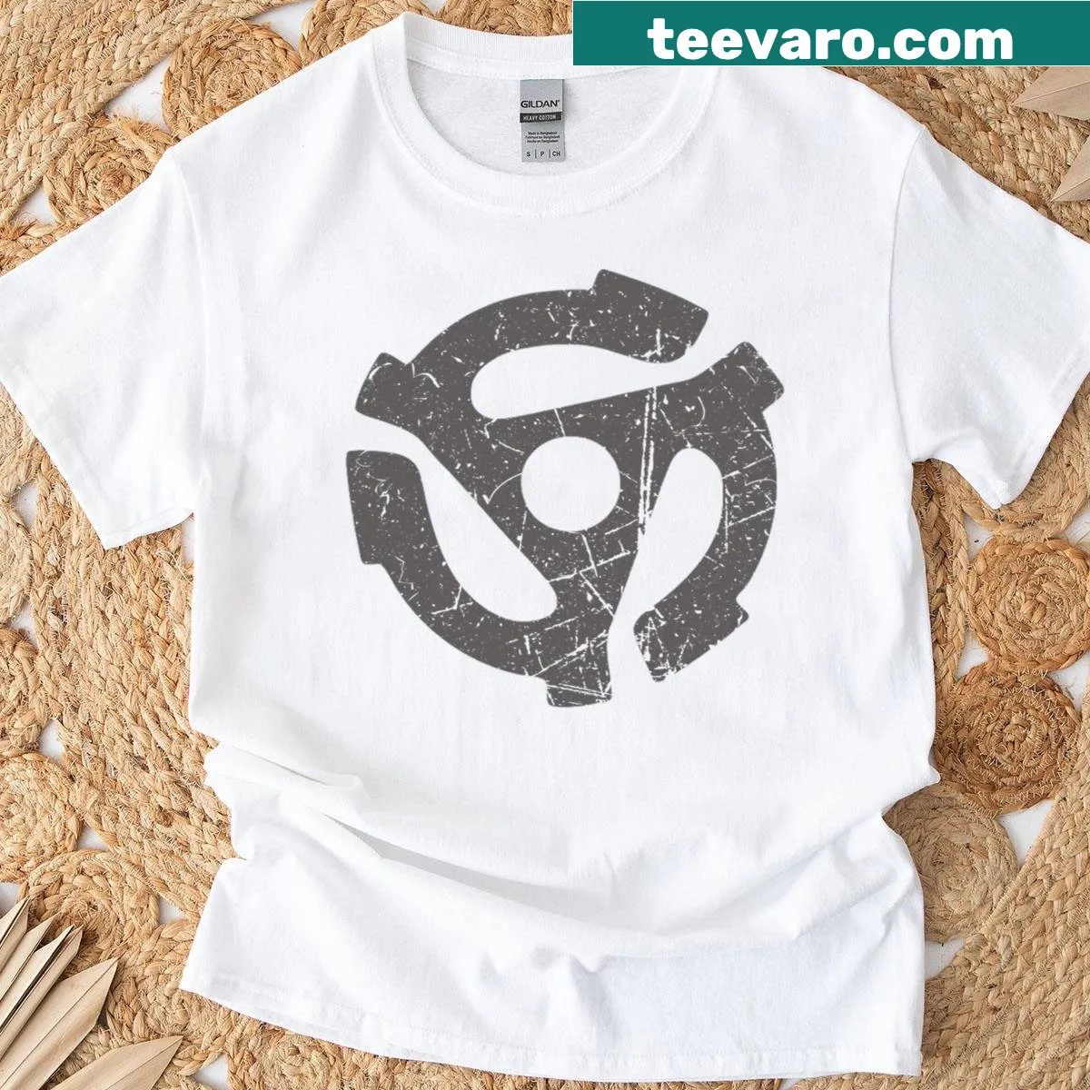 T-shirt featuring a vintage-style graphic of a 45-rpm vinyl record — on a men's t-shirt