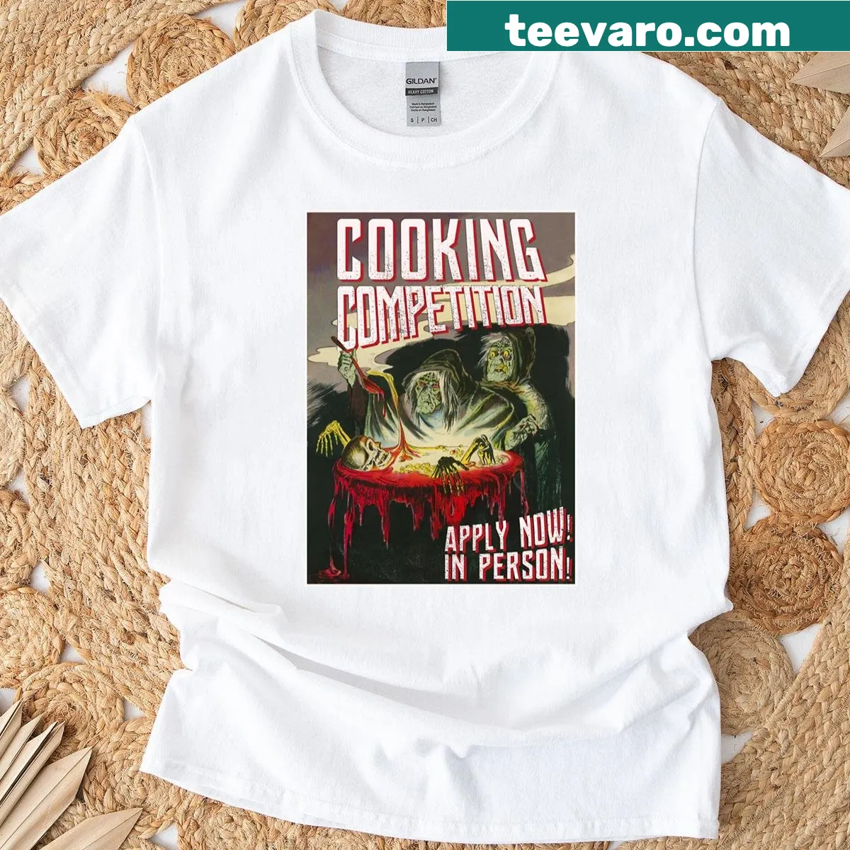 Vintage witch cooking competition graphic t-shirt — on a men's t-shirt