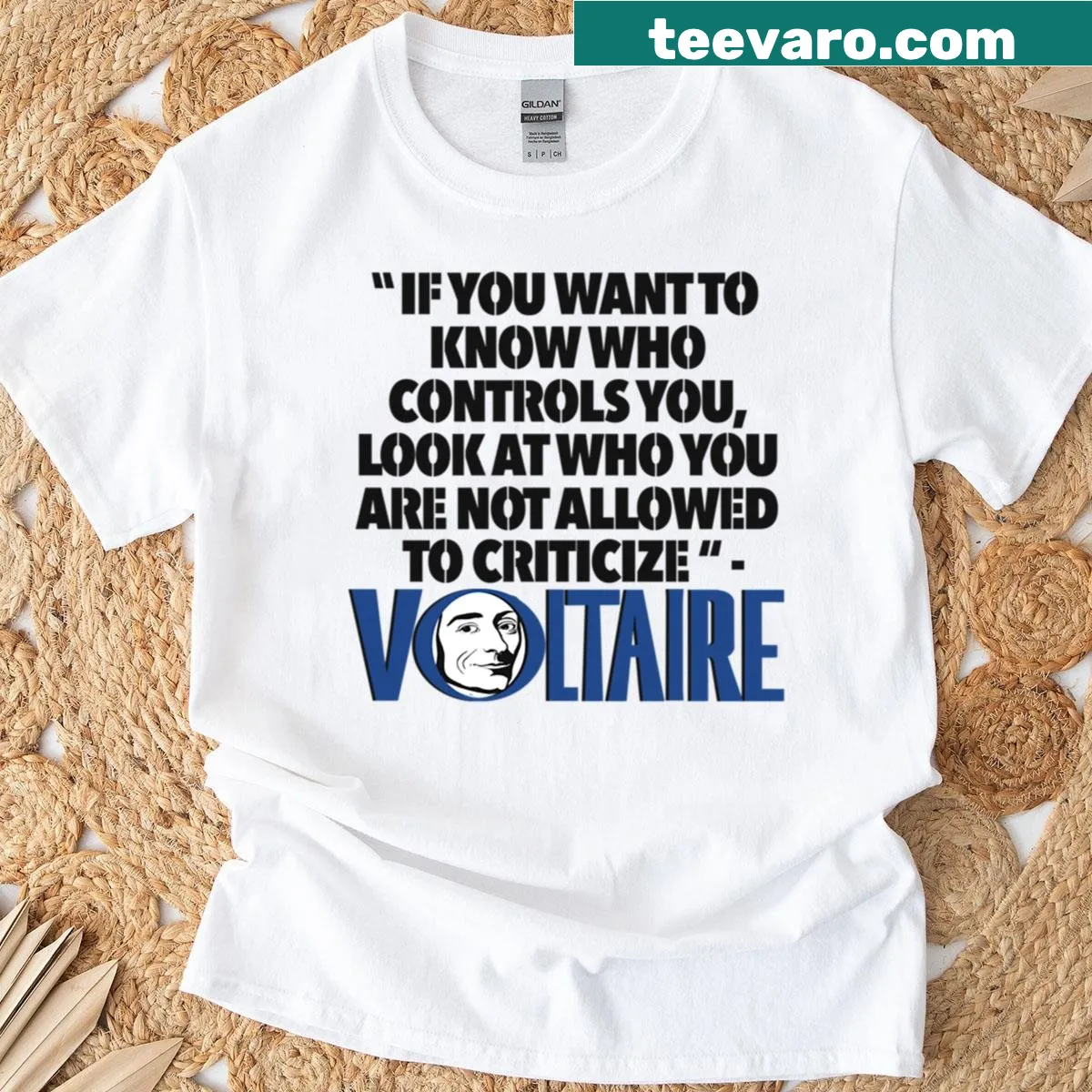 Typography tee featuring a famous Voltaire quote — on a men's t-shirt