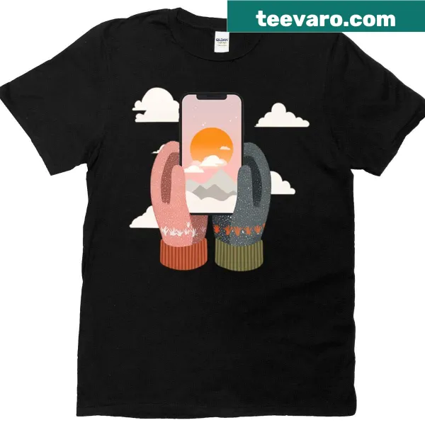 Cartoon-style T-shirt featuring warm gloves graphic for winter