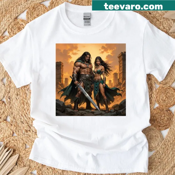 Fantasy-inspired t-shirt featuring warriors and mythical creatures