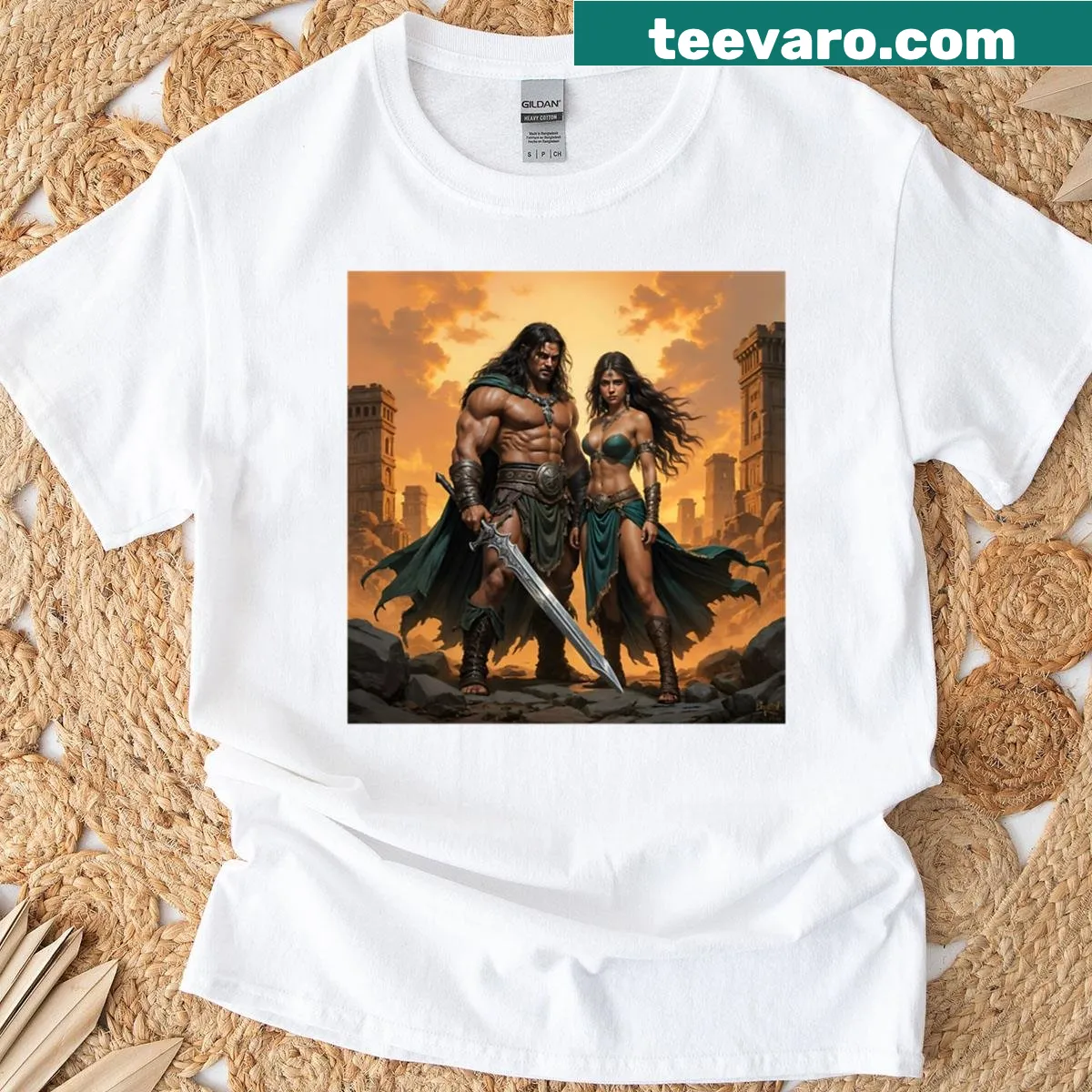 Fantasy-inspired t-shirt featuring warriors and mythical creatures — on a men's t-shirt