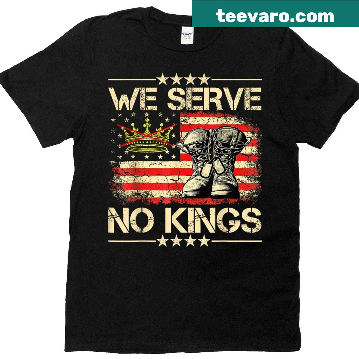 Proud military pride t-shirt with the phrase 'We Serve No Kings' — on a men's t-shirt
