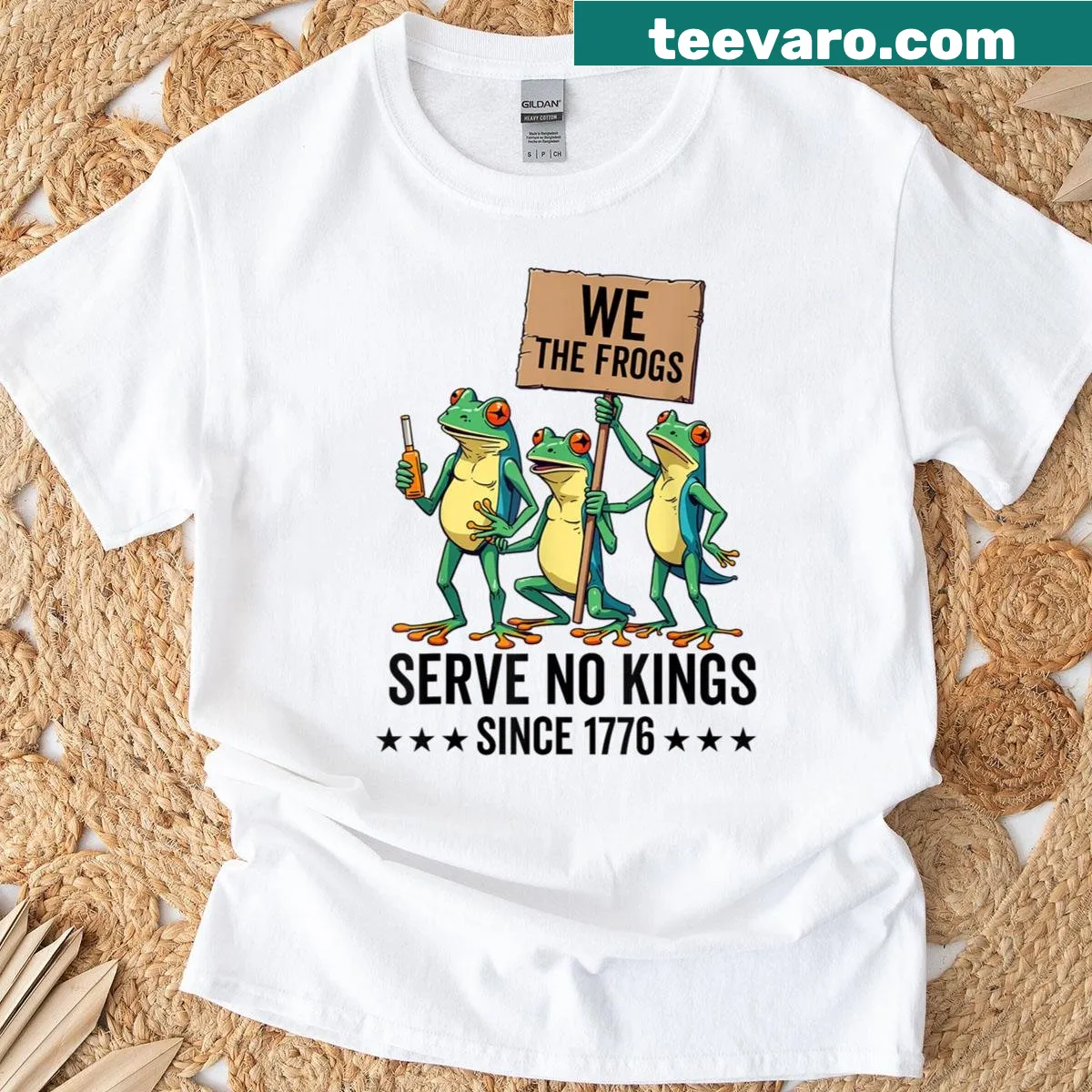 Patriotic T-shirt featuring frogs and a democracy-themed phrase. — on a men's t-shirt