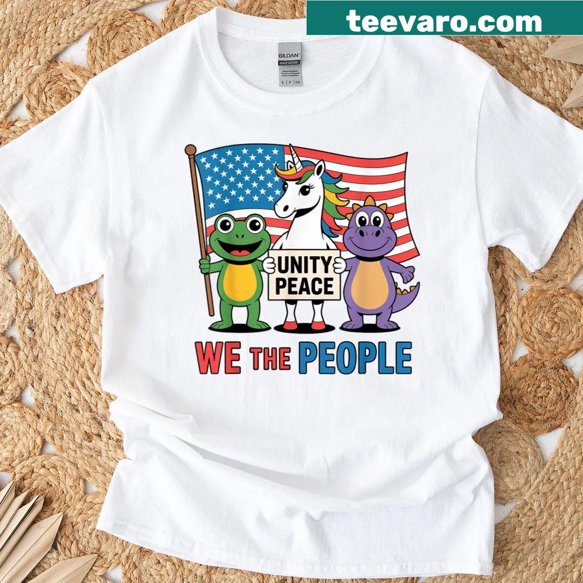 A humorous t-shirt with a unicorn, dinosaur, frog, and US flag. — on a men's t-shirt
