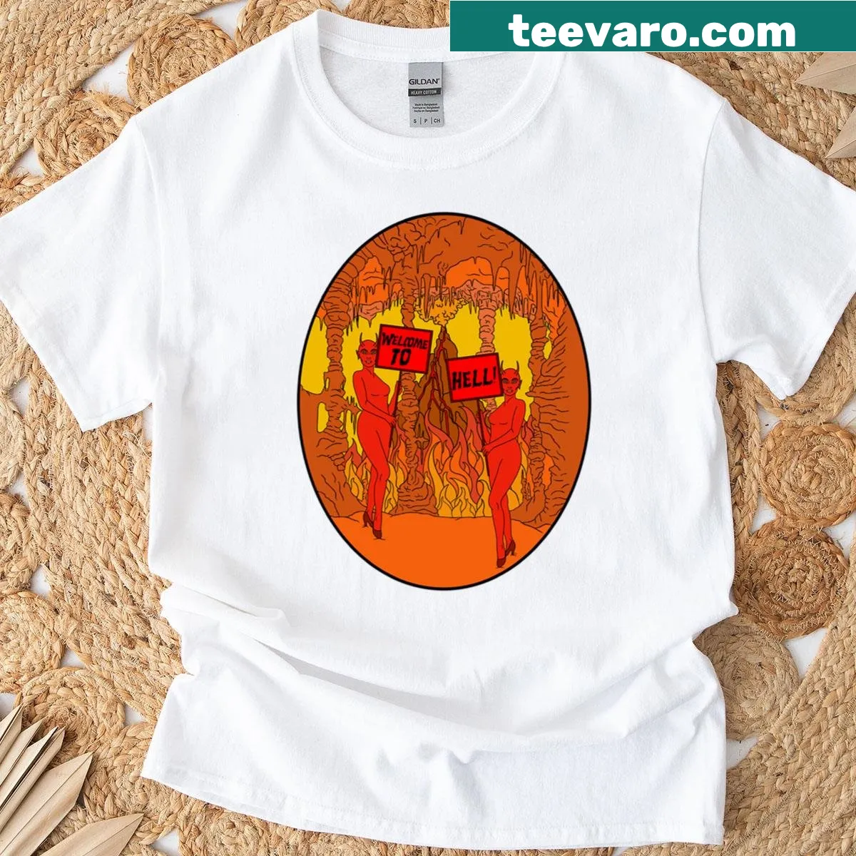 Funny Welcome To Hell graphic t-shirt with bold text — on a men's t-shirt