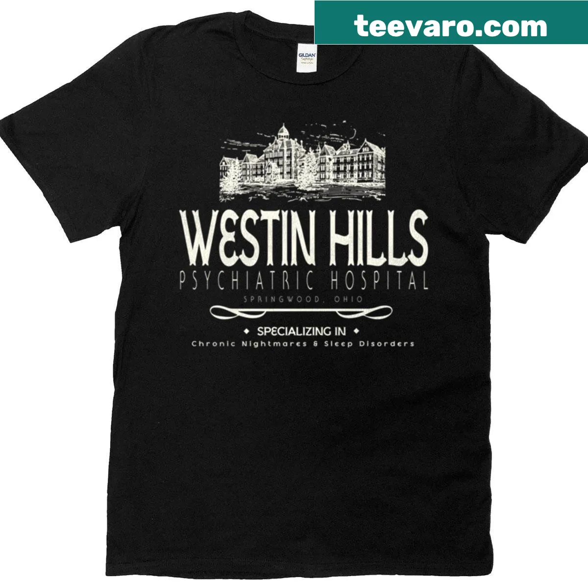 Eerie Westin Hills Psychiatric Hospital T-shirt design — on a men's t-shirt