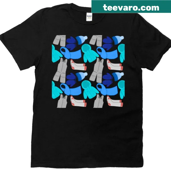 Illustrative T-shirt featuring a winter clothes pattern with cozy motifs.