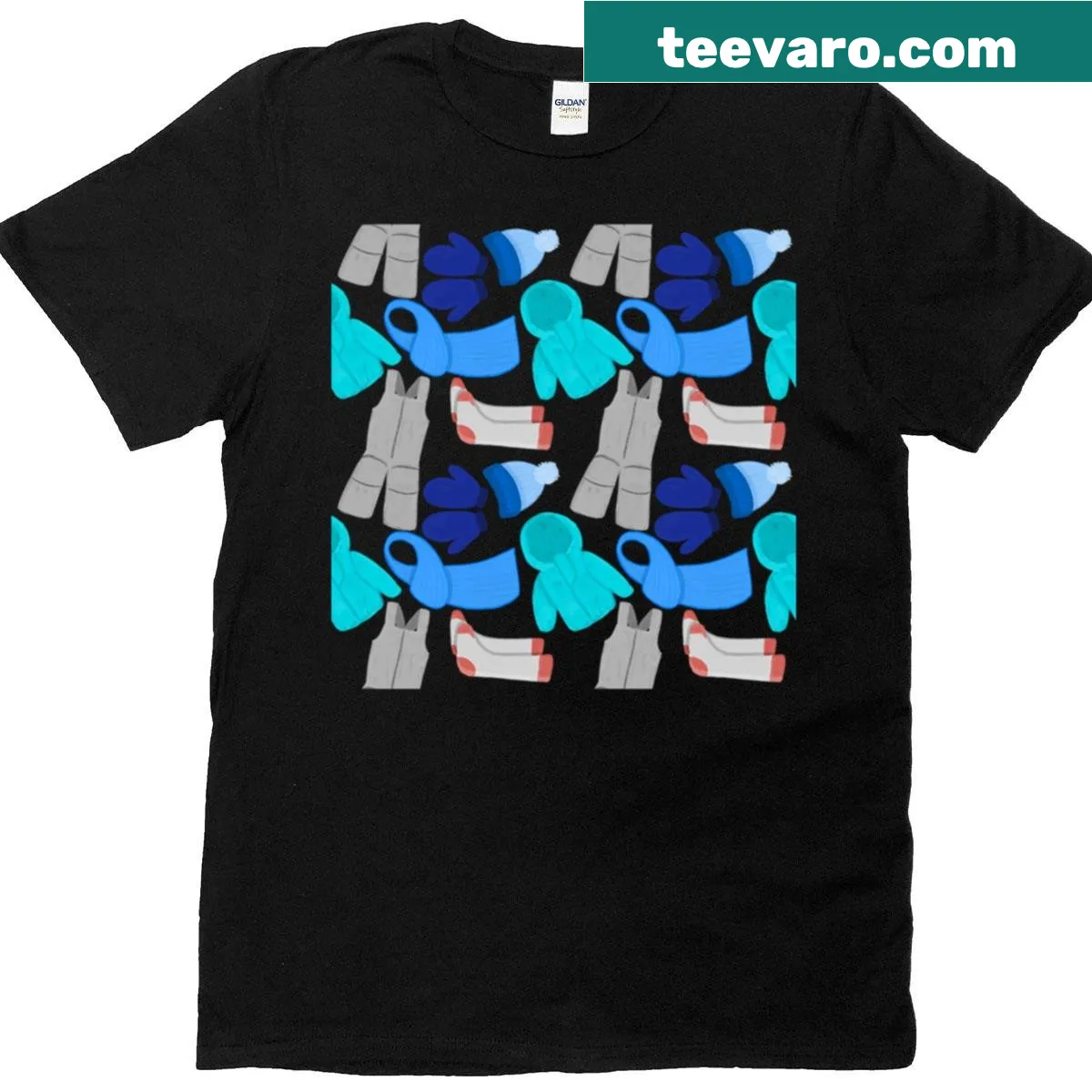 Illustrative T-shirt featuring a winter clothes pattern with cozy motifs. — on a men's t-shirt