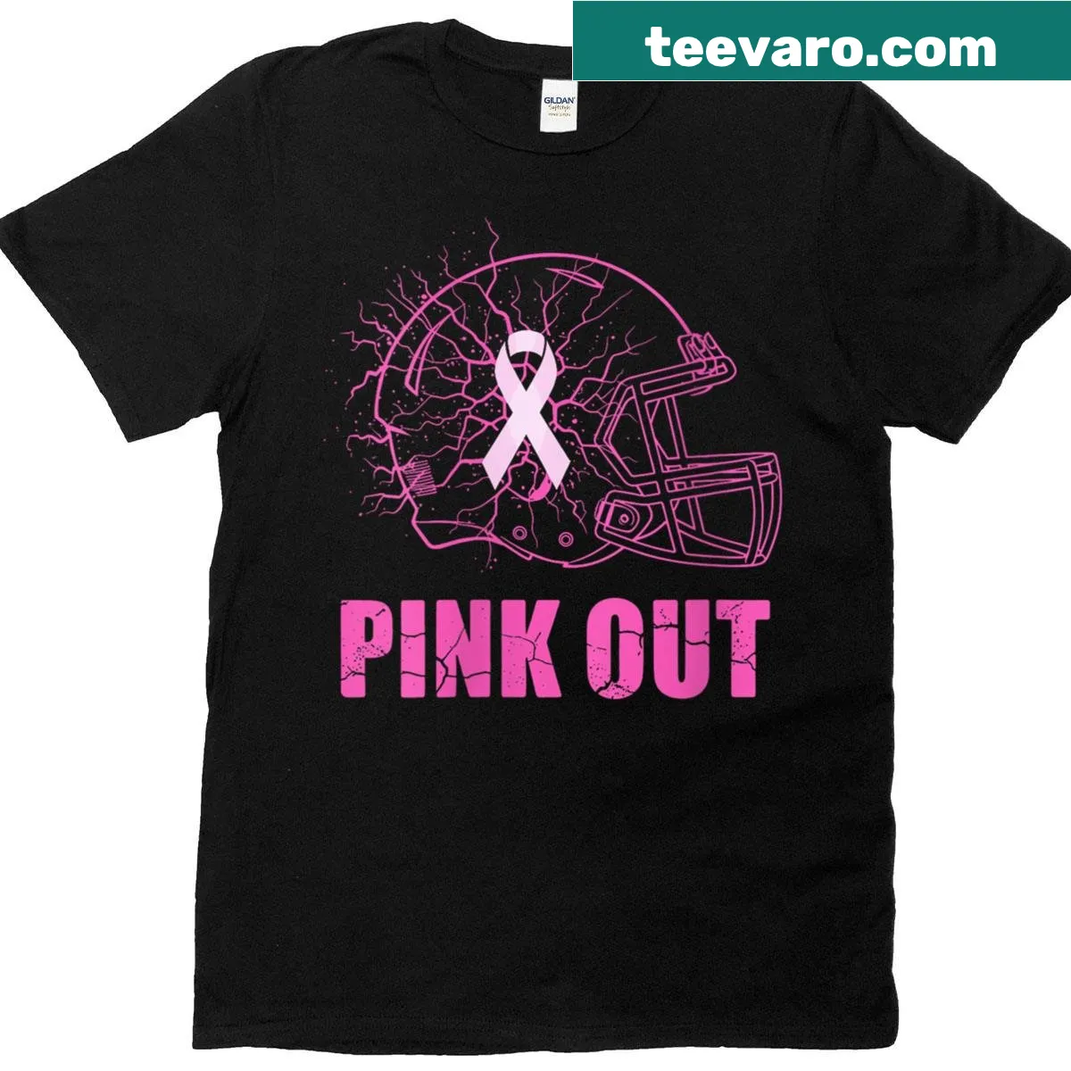 Breast cancer awareness football-themed design on T-shirt — on a men's t-shirt