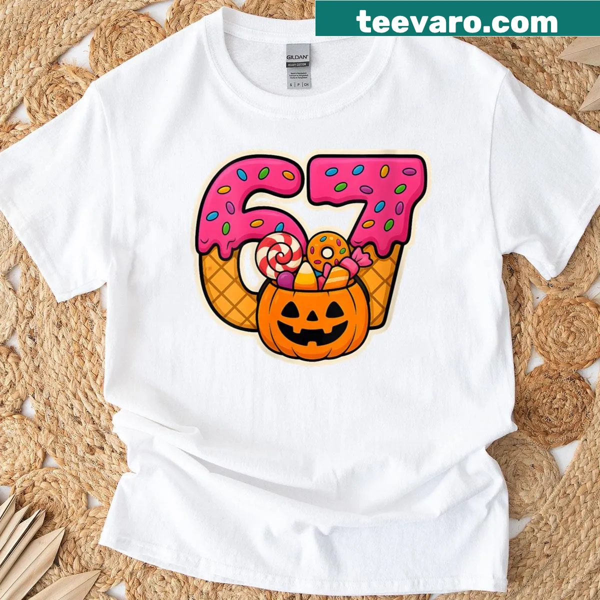 Halloween birthday t-shirt featuring a funny donut design and number 67 — on a men's t-shirt