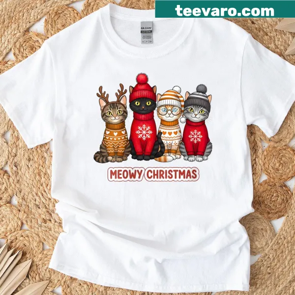 Whimsical cats in holiday attire on a Christmas t-shirt for kids