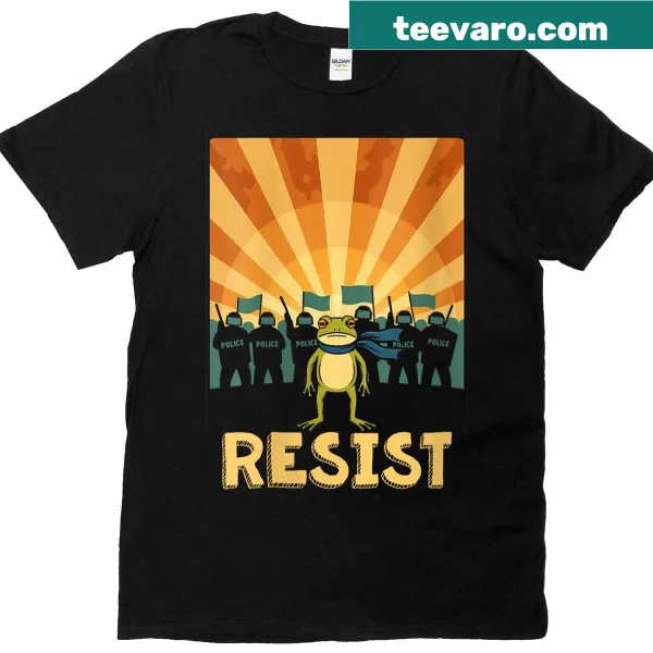 Funny T-shirt with frog graphic and Resist slogan